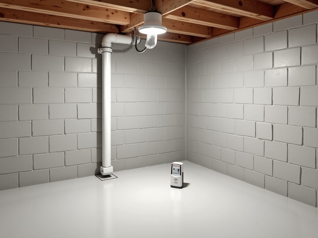 Same Cedar Rapids basement after radon mitigation, with a white PVC sub-slab depressurization pipe installed in the corner running through the ceiling