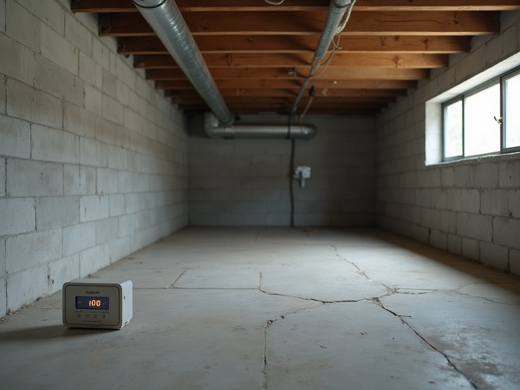 Cedar Rapids basement before radon mitigation, with visible slab cracks and an electronic radon monitor on the floor showing a high reading