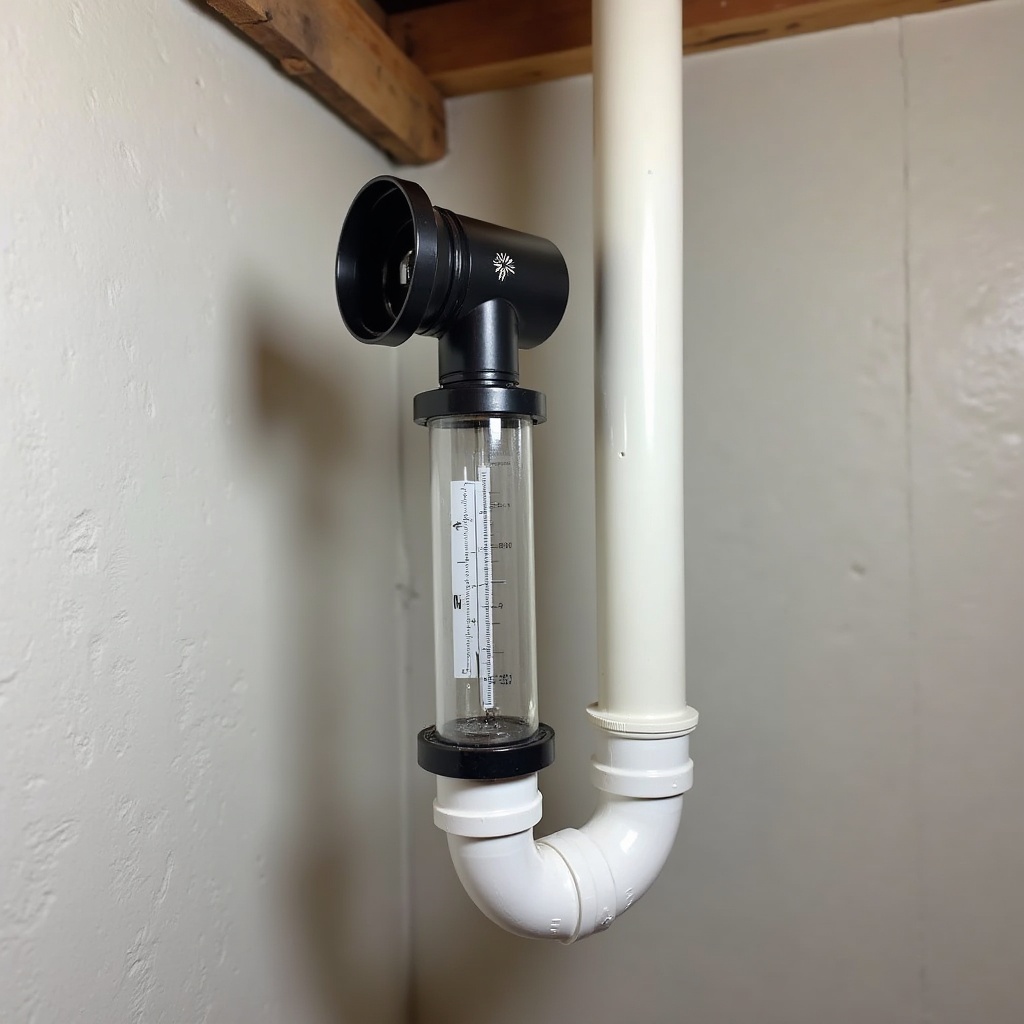 Radon mitigation system installed in a basement with a vertical PVC pipe, inline fan, and manometer gauge