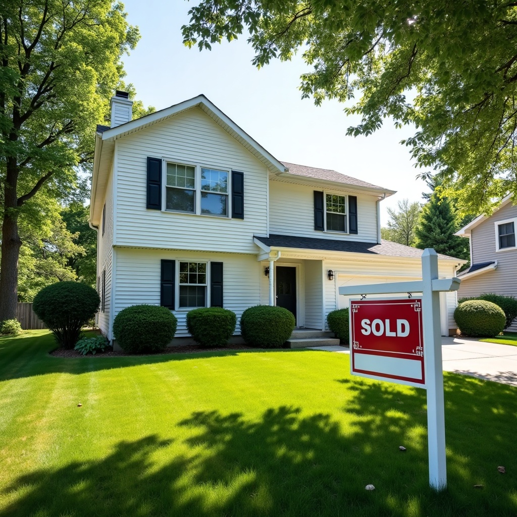 Two-story home with a SOLD real estate sign in the front yard