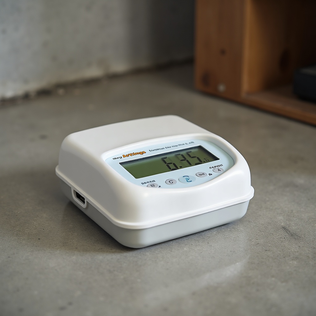 Continuous radon monitor on a basement floor showing the live pCi/L reading